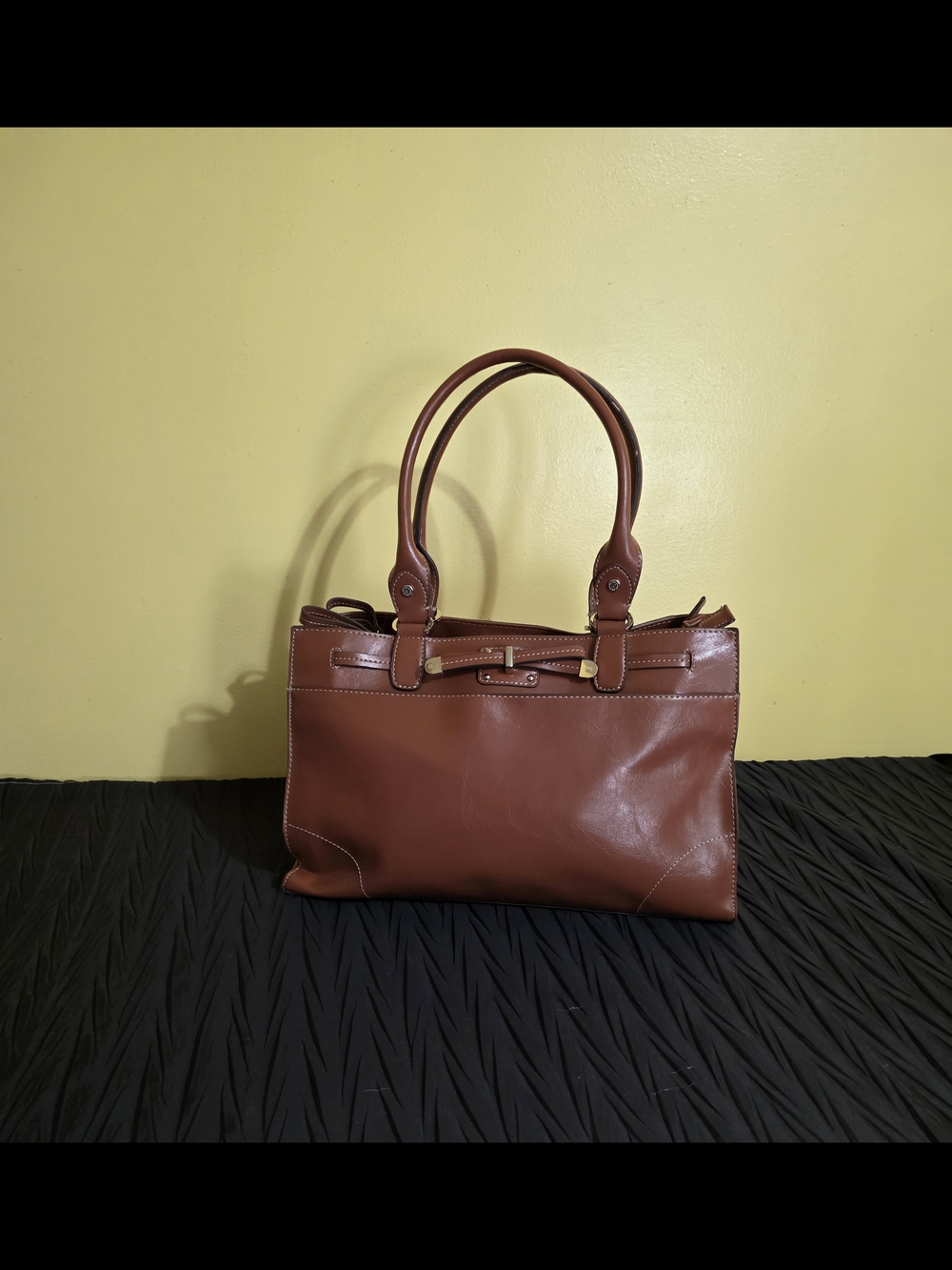 Liz Claiborne Brown Faux Leather Shoulder Shoulder Bag with Belt Accent